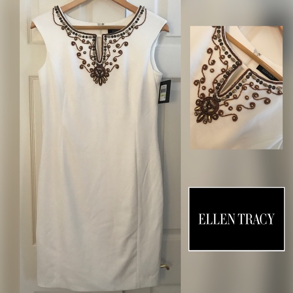 🆕ELLEN TRACY Embellished Cream Sheath Dress